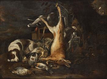 853. Dirk Valkenburg, attributed to, Hunting still life with dog, hare, and birds.