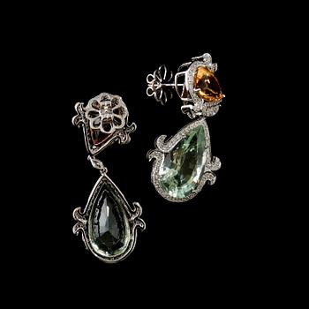 A pair of prasiolite, citrine and diamond, circa 1.35 cts, earrings.