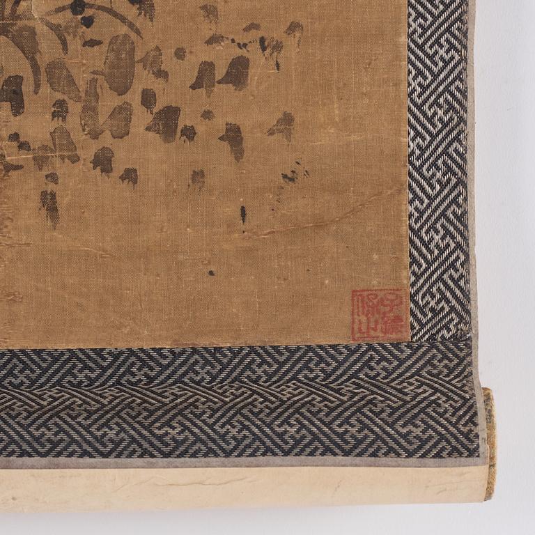 A scroll painting, ink on silk laid on paper, signed Zhu Sheng (1618-1690).