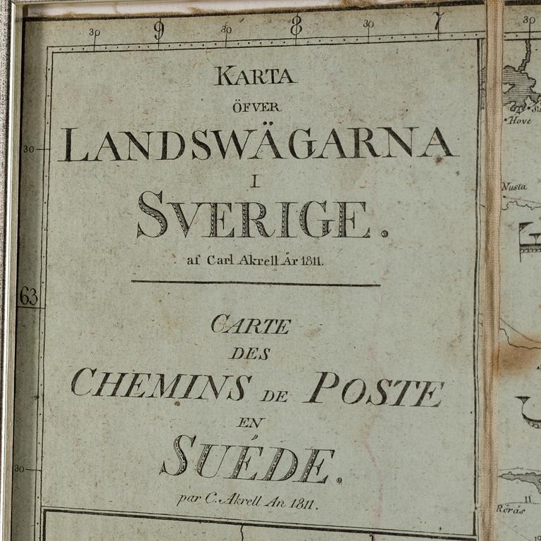 KARTA öfver Landswägarna i Sverige av Carl Akrell år 1811.