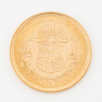 Guldmynt, Oscar II, 20 kronor, typ III, Sverige 1880.