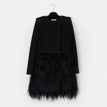 Céline, a black wool and fur coat, size 34.