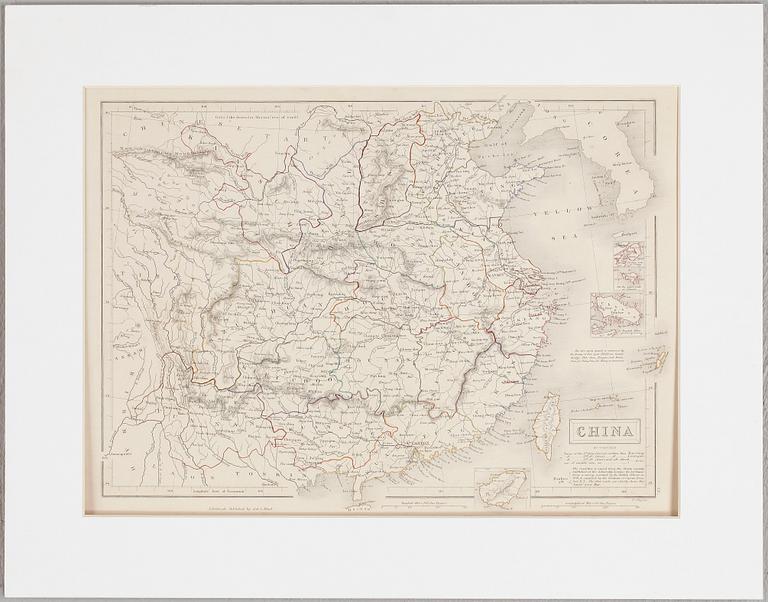 KARTOR, 3st, etsningar, delvis handkolorerade, Kina, Japan, Ryssland, 1800-tal.