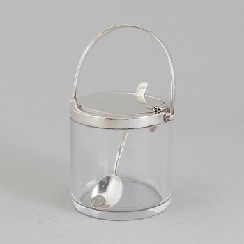 A glass and silver marmelade jar and spoon by Hukin & Heath Birmingham, England, 1934.