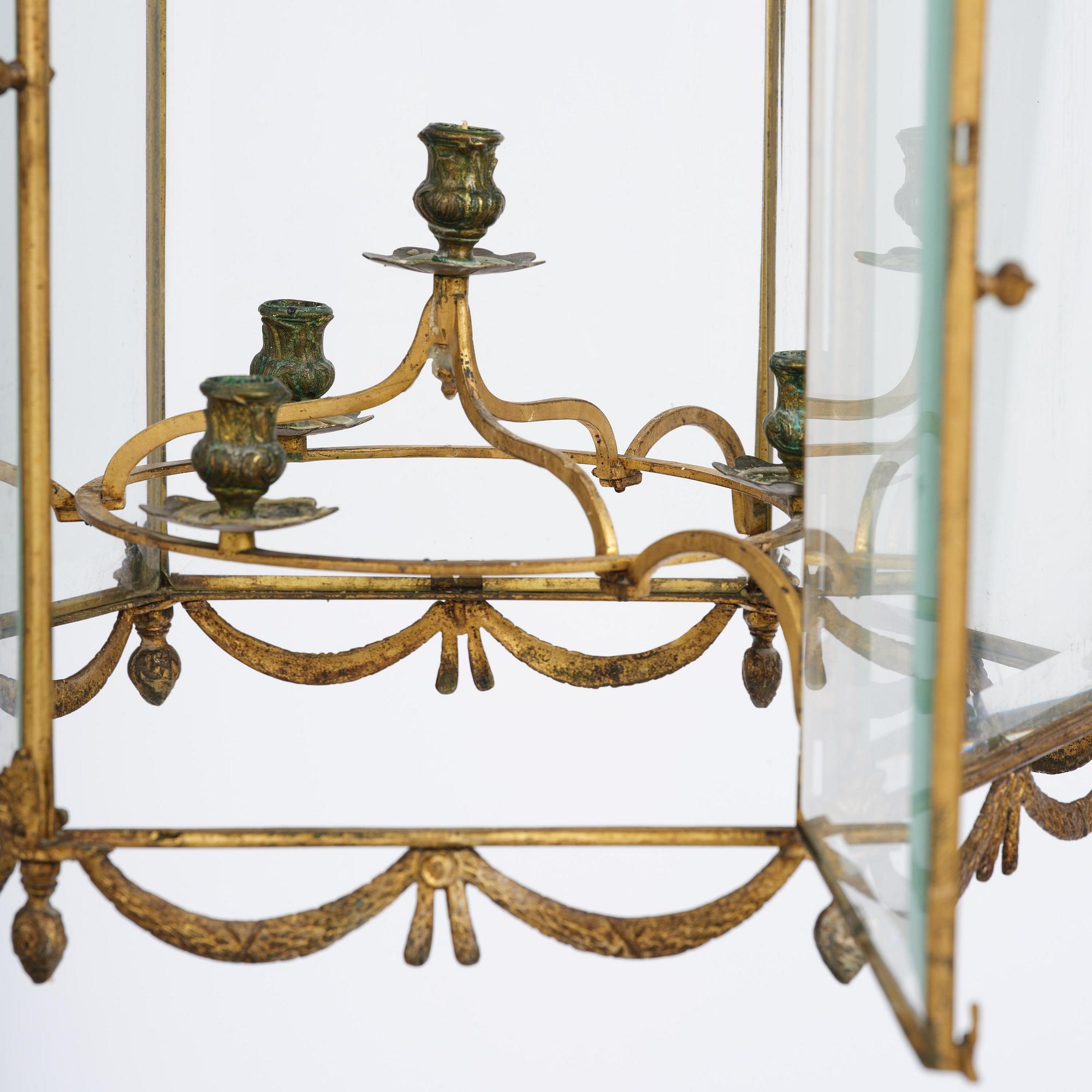 A fine Swedish rococo gilt-brass four-light lantern, Stockholm, later part of the 18th century.