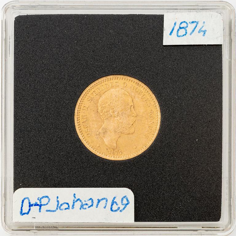 Gold coin, Oscar II, 10 kronor, type I, Sweden 1874.