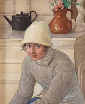 Carl Larsson, Girl with ice skates, interior from the school household, Falun.