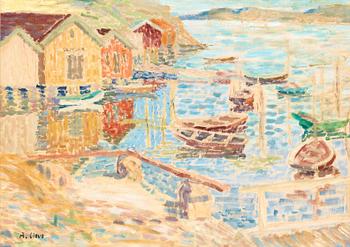 144. Agnes Cleve, "Sjöbodar och båtar" (Boathouse and boats).