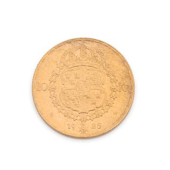 An old swedish coin in gold, 20 kronor, Gustaf V, from 1925. 9 gram.