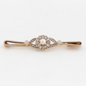 Old-cut, rose-cut diamond and cultured pearl brooch.