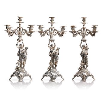 168. Lale Silverware & Co Ltd, femarmade kandelabrar, tre stycken, sterling silver, Istanbul, Turkiet 1900-tal.