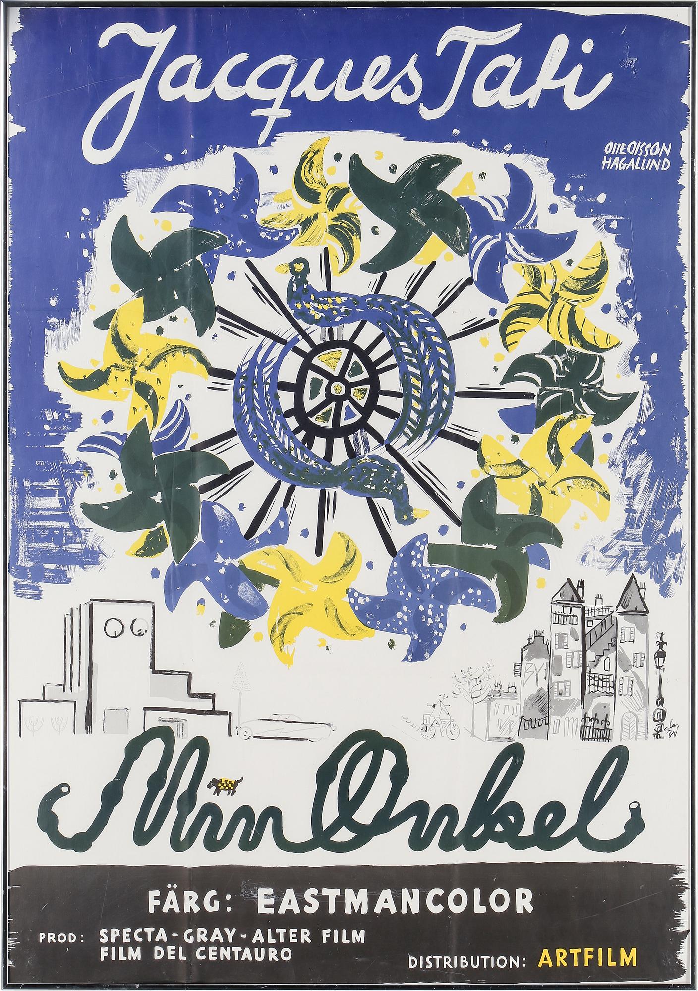FILMAFFISCH, litografiskt tryck, "Min Onkel av Jacques Tati", målad av Olle Olsson Hagalund.