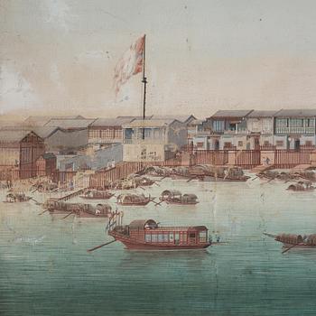 A pair och Chinese Export paintings depicting the Hongs of Canton and buildings along the river, late 18th century.