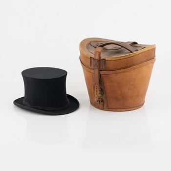 A top hat in case, by Lincoln Bennett & Co. London.