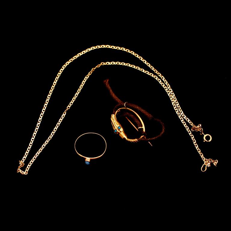 KEDJA, RING SAMT BROSCH, 18 k guld. Vikt  ca 6 g.