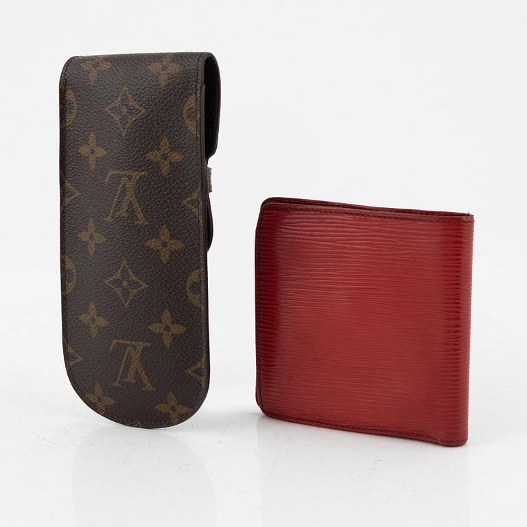 Louis Vuitton, a sunglasses case and a wallet.