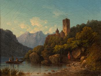 Joseph Magnus Stäck, Alpine Landscape with Figures by a Castle.