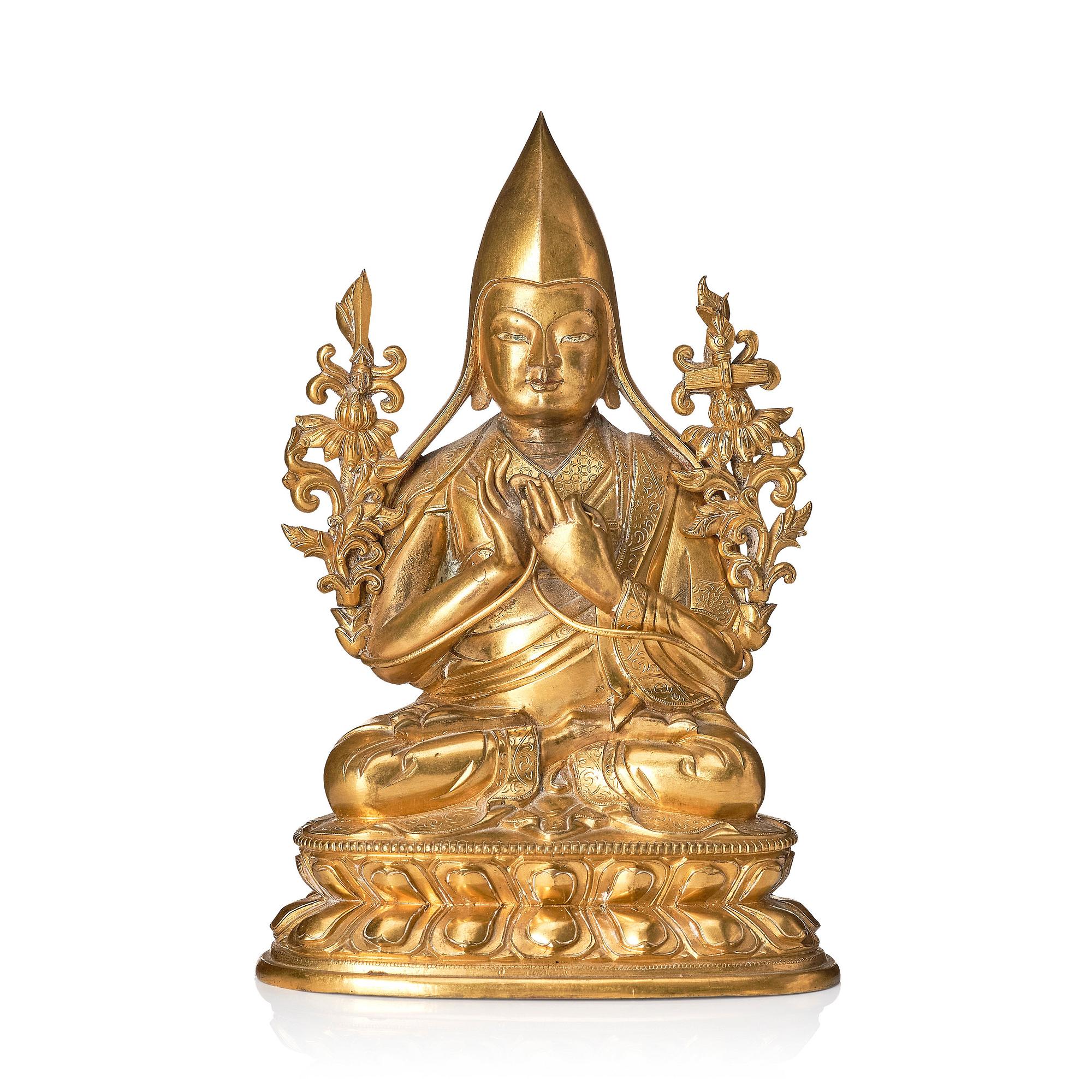 Tsongkapa, förgylld kopparlegering. Tibetokinesisk, 1700/1800-tal.