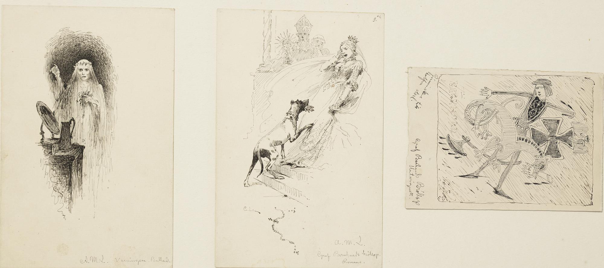 Carl Larsson,  6 drawings, signed C.L, Indian ink and hightening white mounted on cardboard.