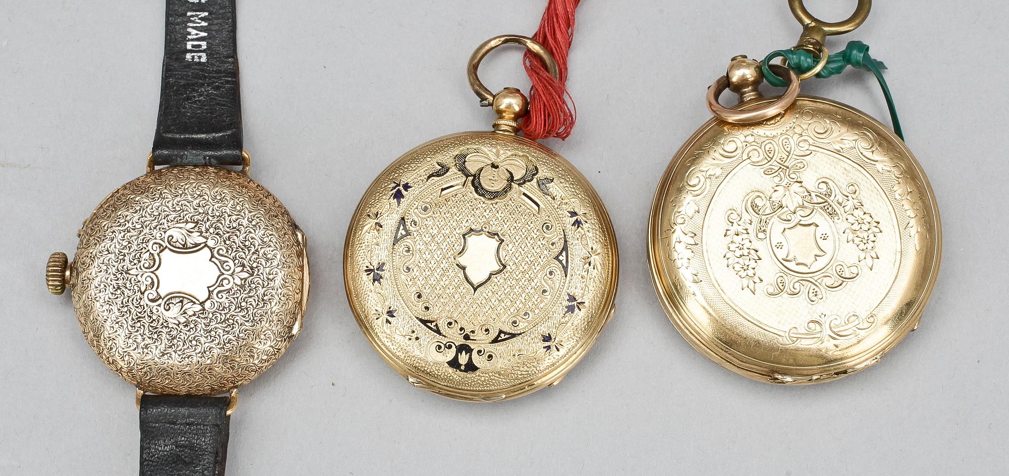 FICKUR, 2 st samt ARMBANDSUR, 18k guld, 1800-tal resp 14K guld, 1900-tal.