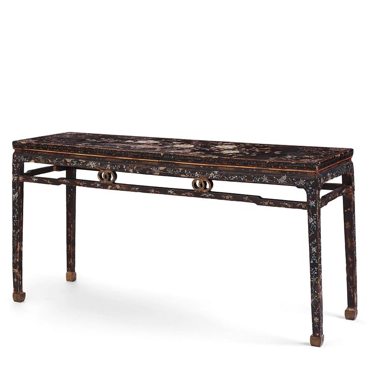 A  Chinese black lacquered altar table with mother of pearl inlay, 17th /18th Century.