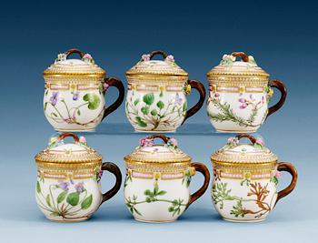 1268. A set of six Royal Copenhagen ´Flora Danica´ custard cups with stands, 20th Century, model 3514. (6).