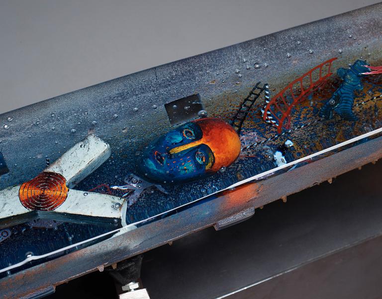 Bertil Vallien, a sand cast sculpture of a boat, Kosta Boda Sweden 2006, on original steel stand.