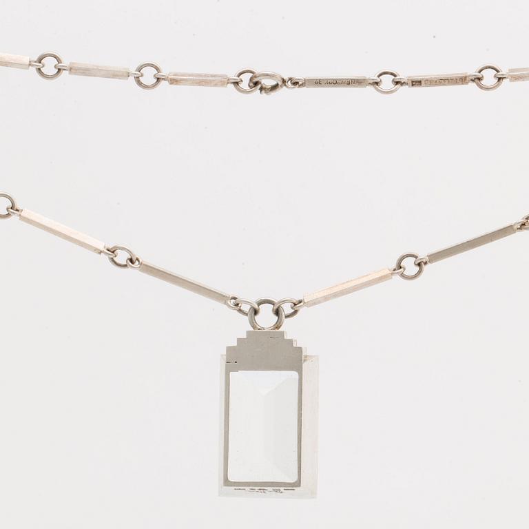 A Wiwen Nilsson sterling and rock crystal pendant and chain, stamped 'New York 39', Lund 1939.