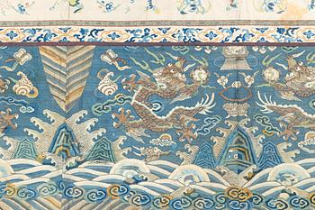 A Chinese five clawed dragon embroidered silk altar cloth, Qing dynasty, 19th century.