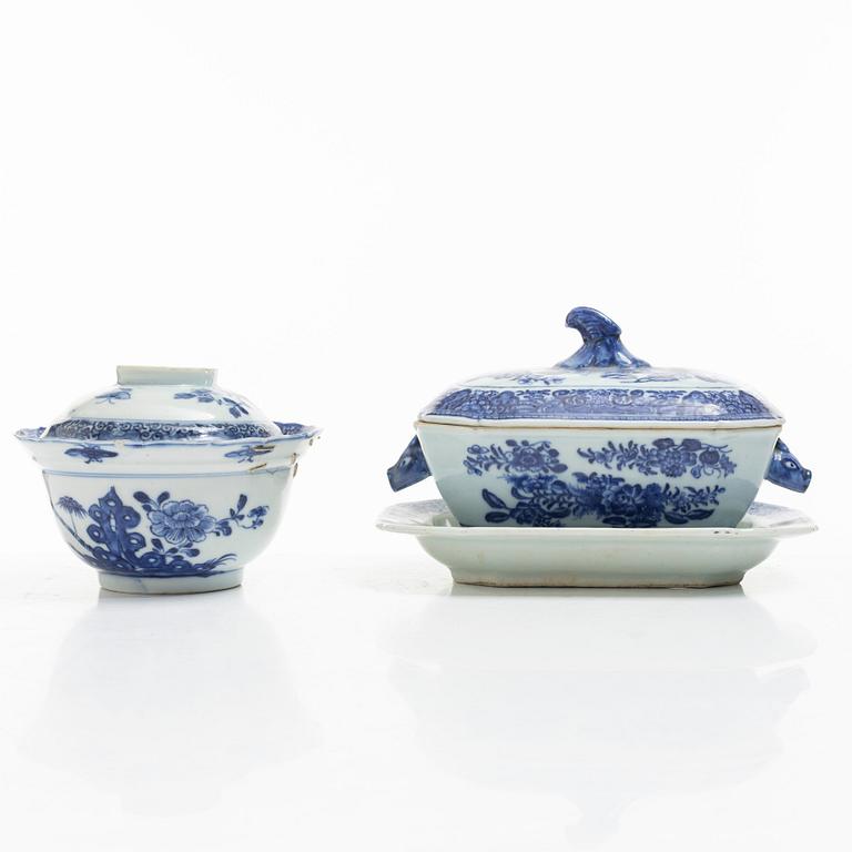 A blue and white butter dish with stand and cover, and a blue and white bowl with cover, China, Qianlong (1736-95).