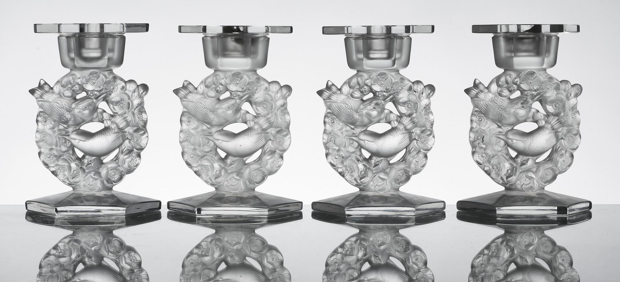 LJUSSTAKAR, 4 st, glas, Lalique, Frankrike, 1900-tal. Sign.