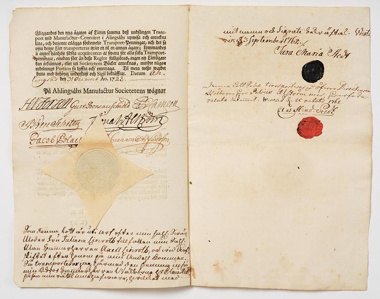 A Swedish share certificate, Ahlingsåhs Manufaktur Werk, No 526, 1728.