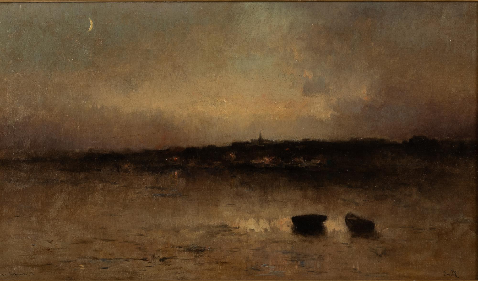 Unknown artist 19th century Twilight landscape with moon,.
