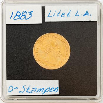 Gold coin, Oscar II, 10 kronor, type II, Sweden 1883.
