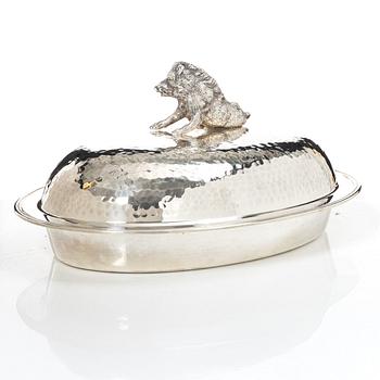 Covered bowl, silver plate, with glass insert, 20th century.