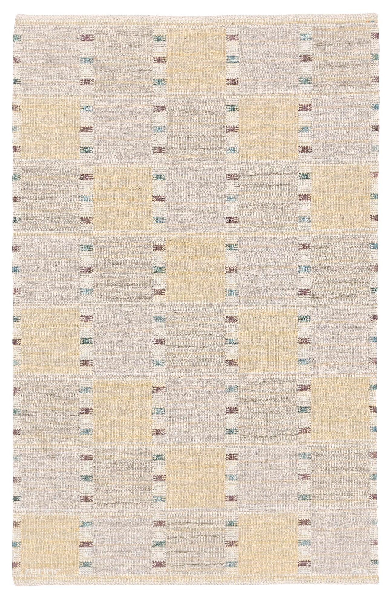 Barbro Nilsson, a carpet, 'Falurutan gul S', flat weave, c. 200 x 150 cm, signed AB MMF BN.