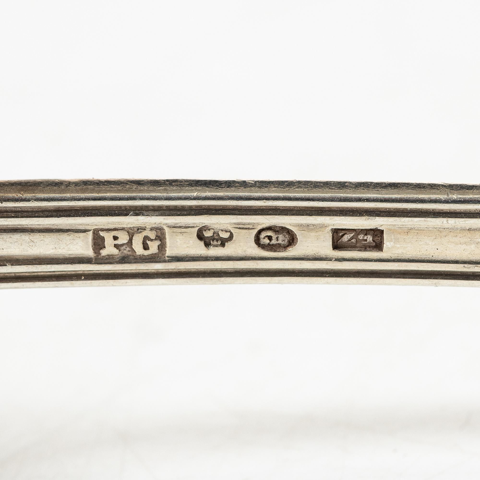 Petter Gökblad, a set of nine 'Engelsk snäck' silver tea spoons, Sweden, 1854.