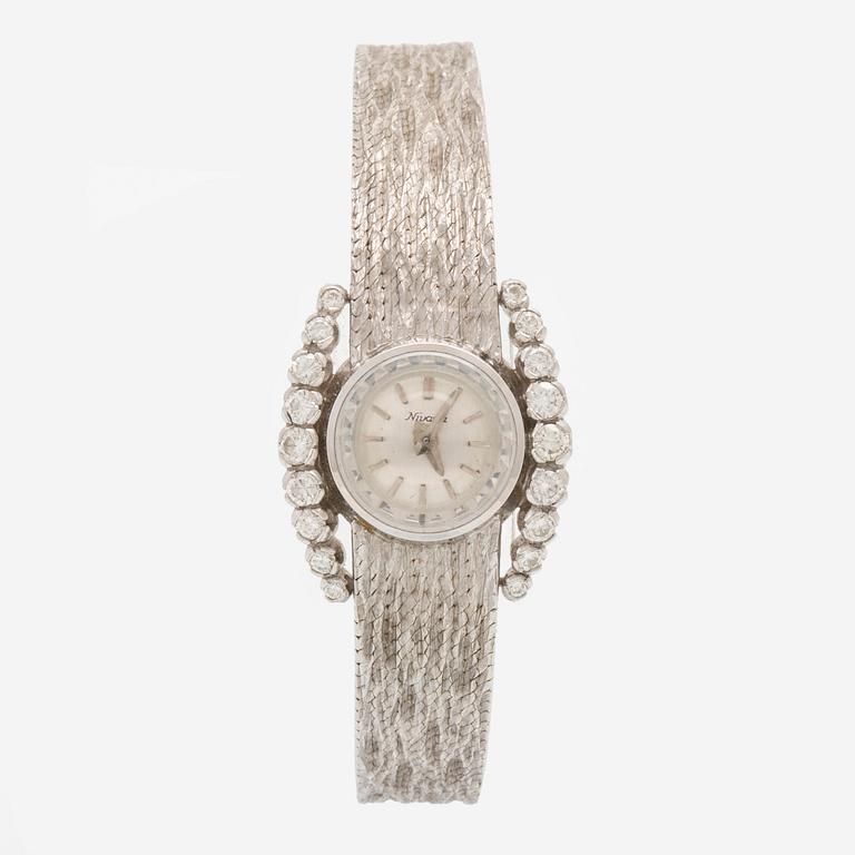 Nivada armbandsur 12,2 mm, 18K vitguld och runda briljantslipade diamanter.