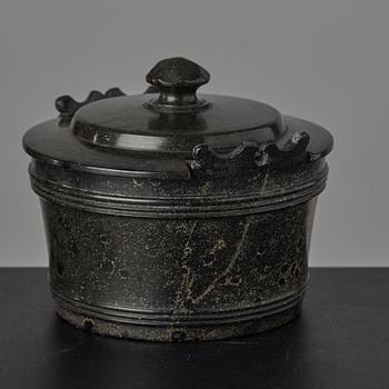 A serpentine stone butter box and cover circa 1800.