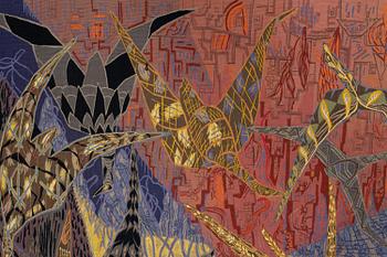Lars Gynning, vävd tapet "Flyttfåglar", gobelängteknik, ca 230 x 150 cm, PF Aubusson signerad Gynning.