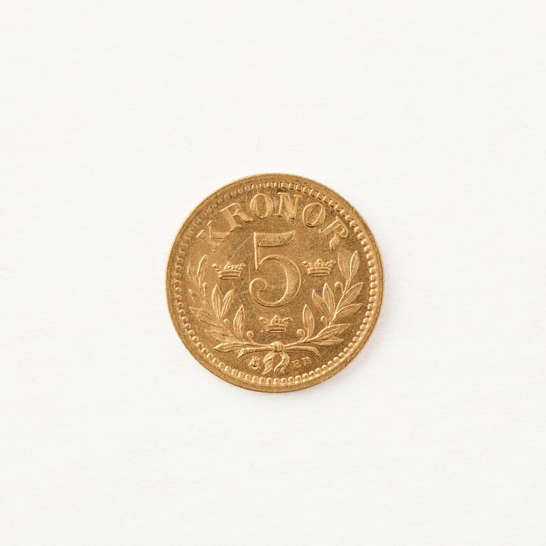 Gold coin, Oscar II, Sweden, 5 kronor, 1894.