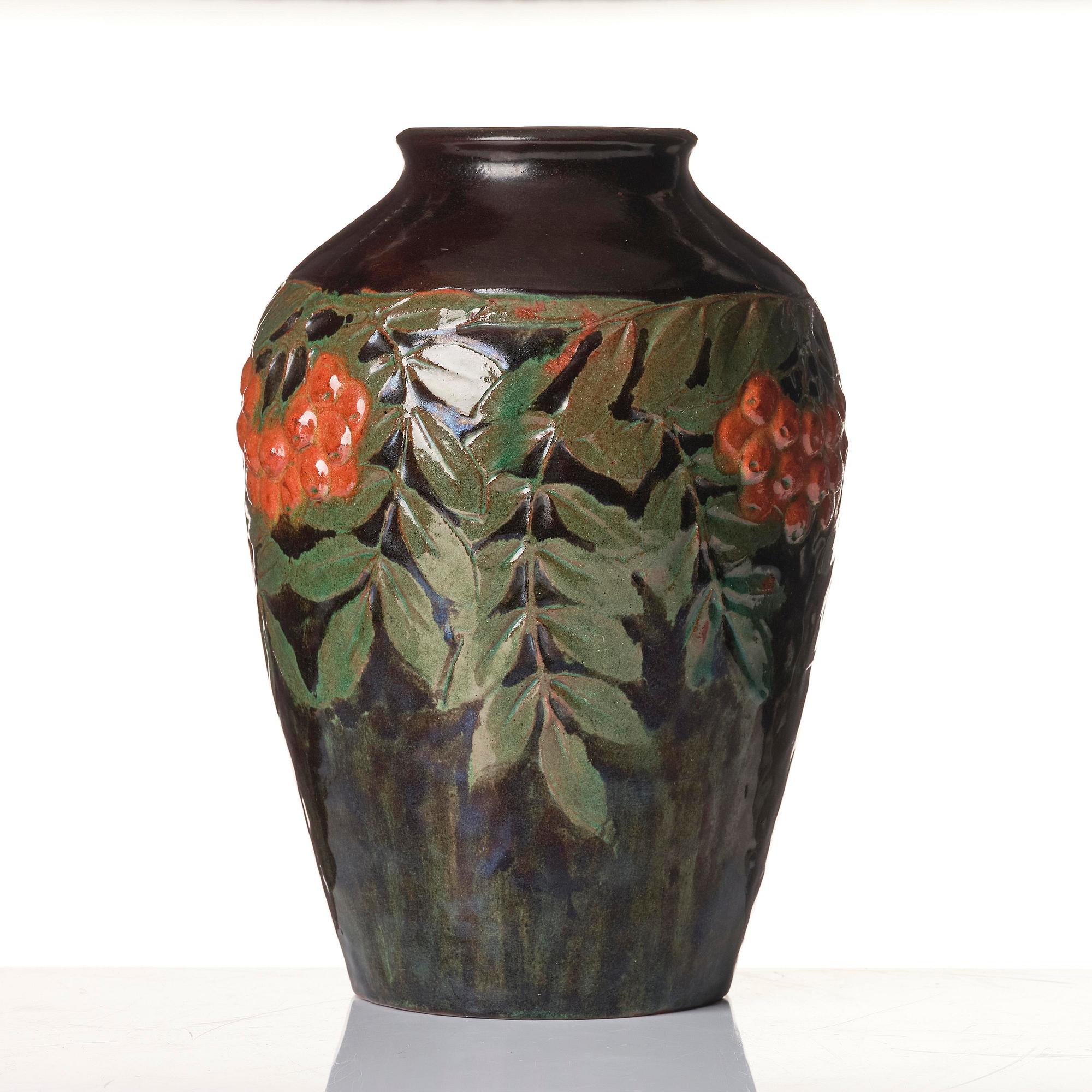Hilma Persson-Hjelm, a glazed earthenware art nouveau vase, executed in her own studio, Arvika 1913. No 2241.