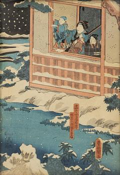 Utagawa Kunisada (Toyokuni III), Three woodblock prints, various motifs.