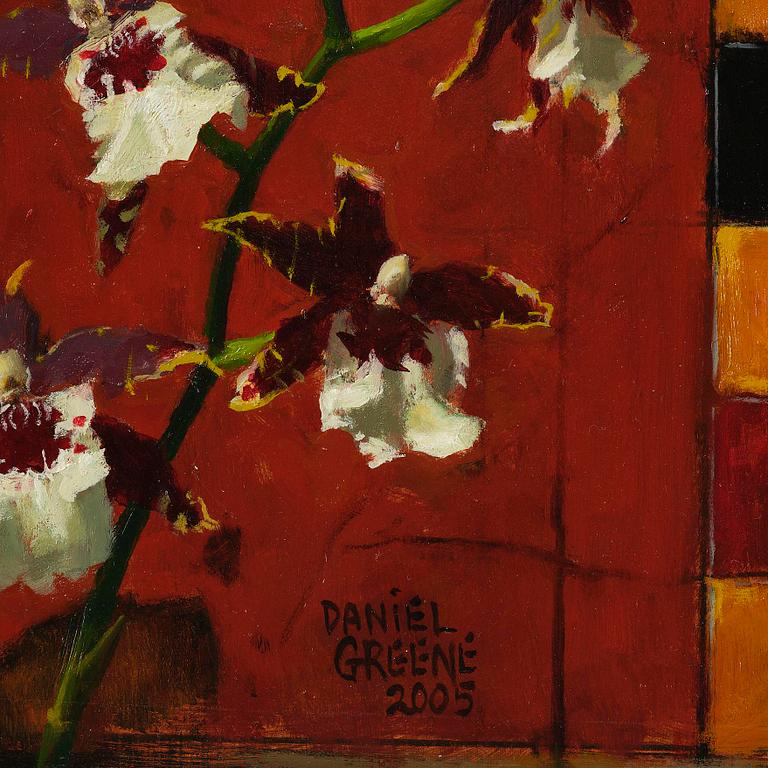 Daniel Greene, "Black, Red, Lupo Antique Gameboard with Orchids".