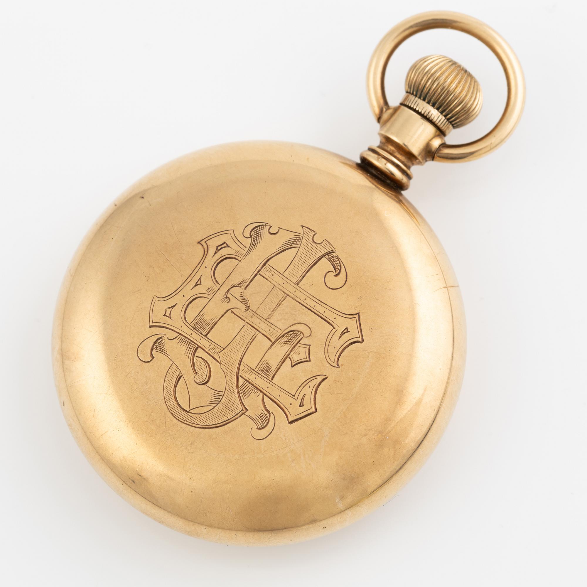 Hamilton, pocket watch, 14K gold with chain in 18K gold, 51 mm.