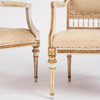 A pair of Gustavian open armchairs by J. Lindgren (master in Stockholm 1770-1800).