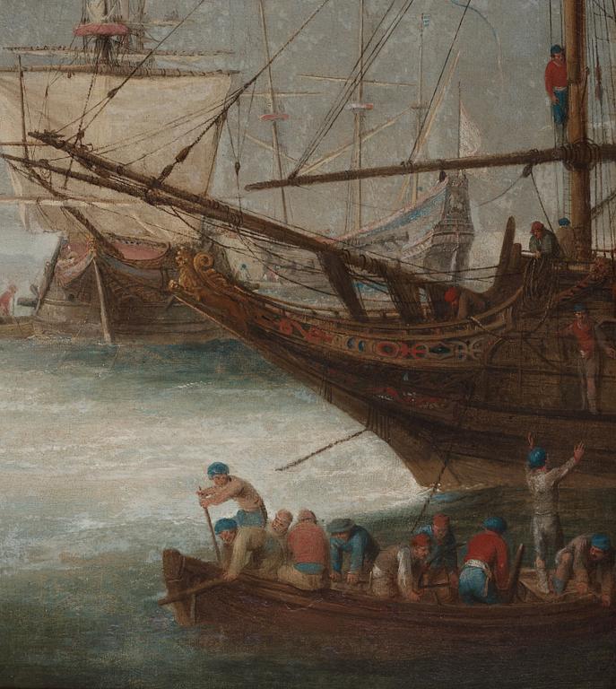 Abraham Willaerts Attributed to, Coastal Landscape with numerous Ships and Figures on the Shore.