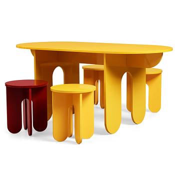 OWL, "Capsules”, a table and four stools in an unique colaboration with Arranging Things, 2019.