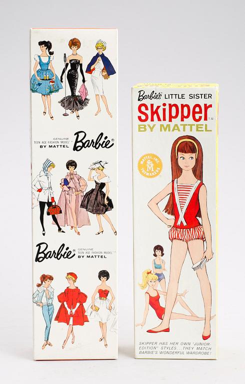DOCKOR, 2 st, "Skipper" och "Barbie", Mattel, 1960-tal.