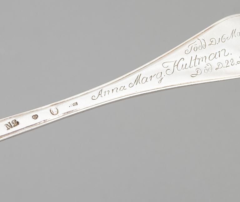 Skedar, 5 st, silver, bl a Stephan Westerstråhle, Västervik 1766.